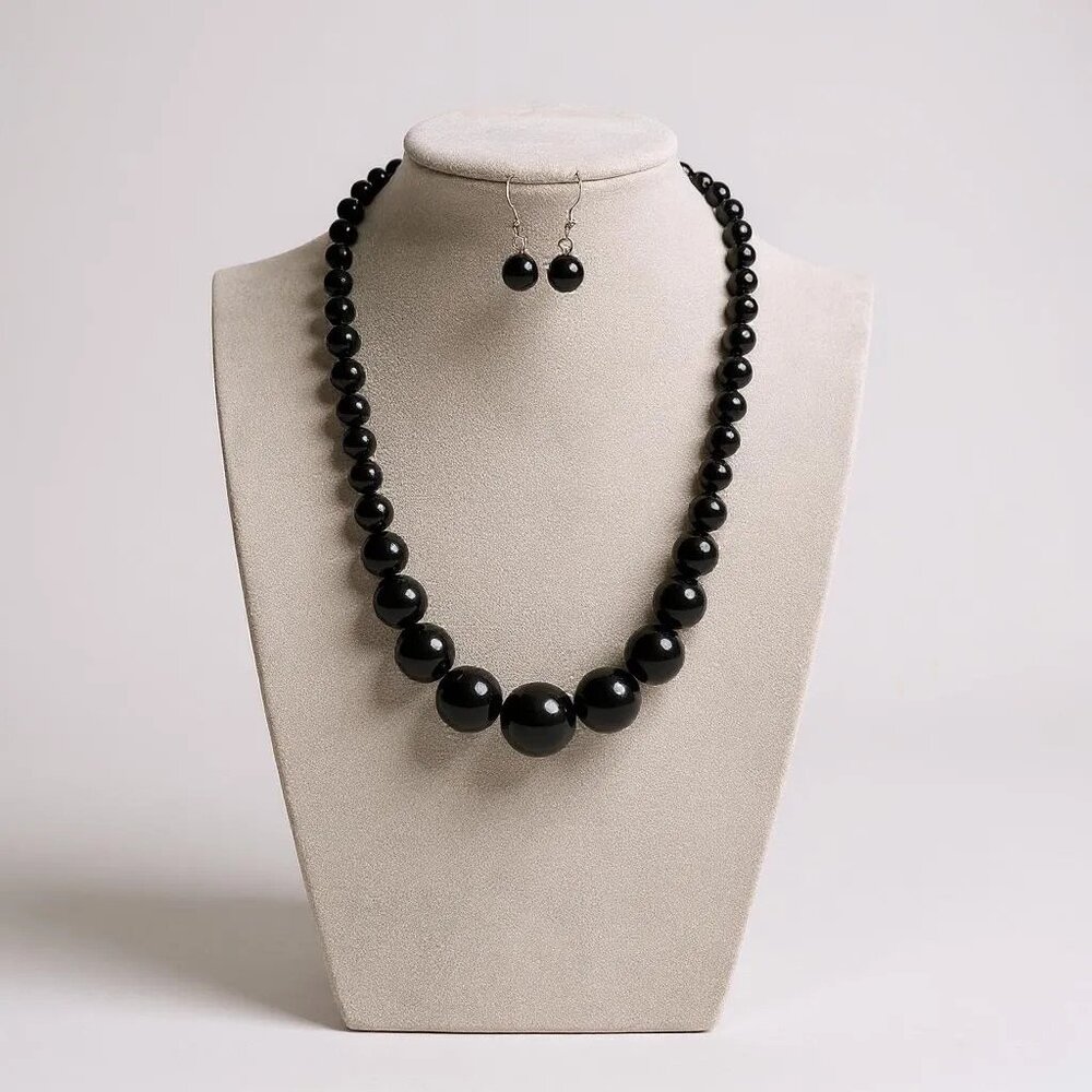 Black Lucite Bead Gradual Necklace Earring Set